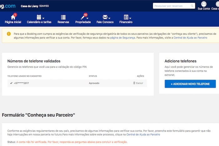 Painel da Extranet na Booking