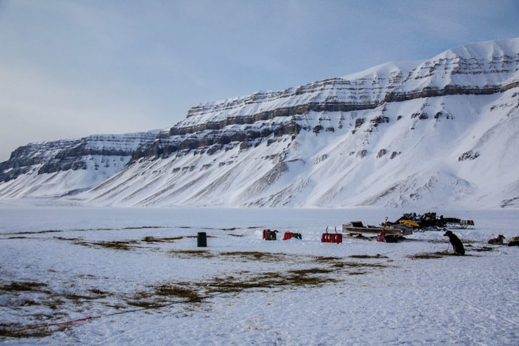 Perto de Tunabreen Glacier com os Trenós em Svalbard